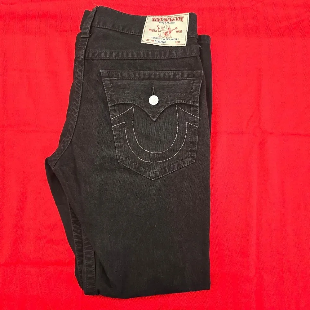 True Religion Straight Leg Washed Black Jeans Signature Horseshoe Pocket Size 38